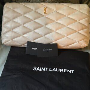 Saint Laurent Puffer Leather Crema Soft Sade Clutch Bag. **LARGE